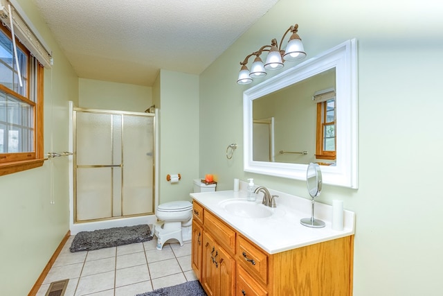 bathroom featuring a shower stall, tile patterned flooring, visible vents, toilet, and vanity