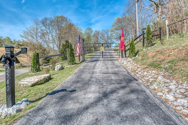 view of road with a gate, a gated entry, and aphalt driveway
