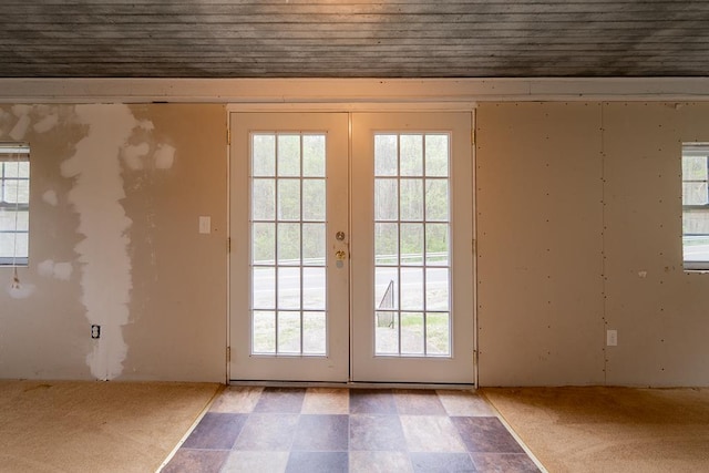 entryway with french doors and wooden ceiling