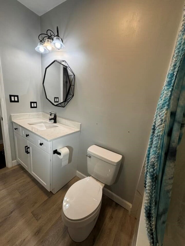 196 Goodwin Rd, Cedar Bluff, VA 24609 - bathroom with wood finished floors, baseboards, toilet, vanity, and a shower with curtain