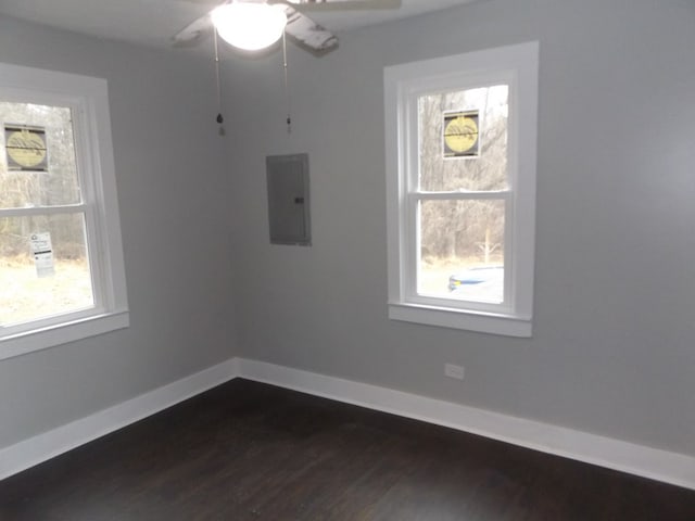 unfurnished room featuring ceiling fan, dark wood-type flooring, electric panel, and a healthy amount of sunlight