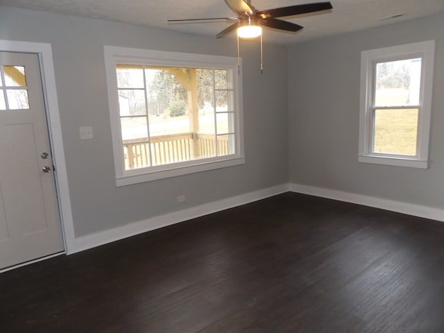 entryway with ceiling fan, plenty of natural light, and dark hardwood / wood-style floors