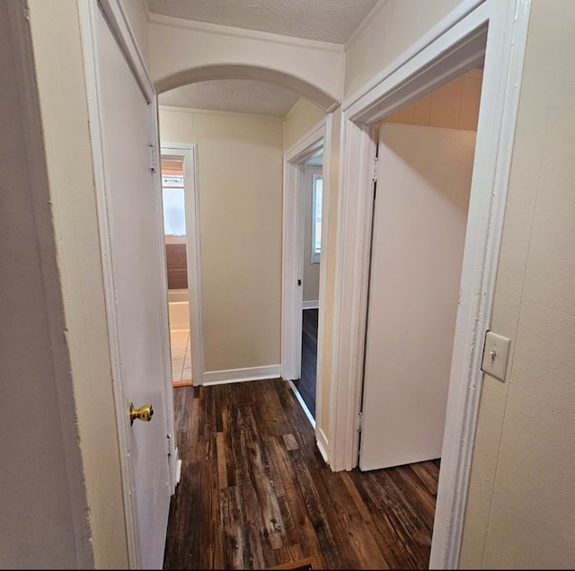 hallway featuring dark wood finished floors and arched walkways