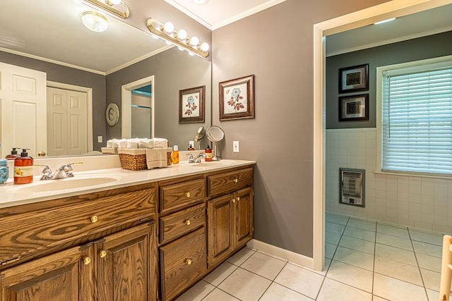 503 Court St, Abingdon, VA 24210 - bathroom with tile patterned flooring, double vanity, tile walls, crown molding, and heating unit