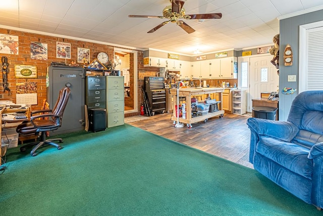 503 Court St, Abingdon, VA 24210 - carpeted home office featuring ornamental molding, ceiling fan, and wood finished floors