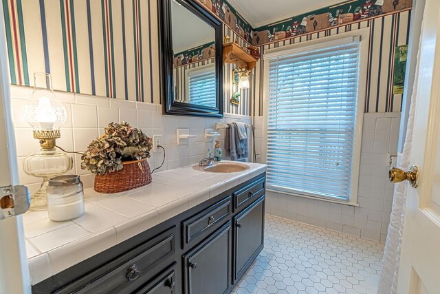 503 Court St, Abingdon, VA 24210 - full bathroom with vanity, tile patterned flooring, wallpapered walls, and tile walls