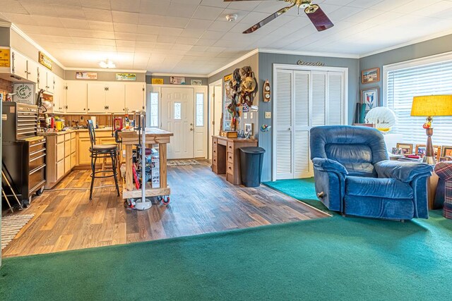 503 Court St, Abingdon, VA 24210 - living area with crown molding, a ceiling fan, and wood finished floors