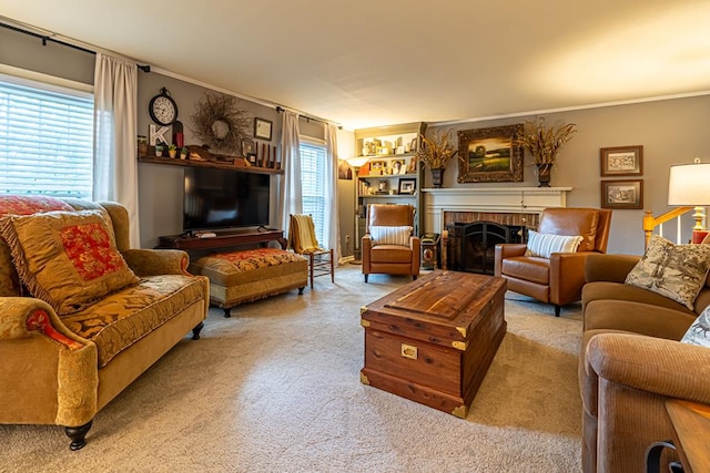 503 Court St, Abingdon, VA 24210 - carpeted living room with ornamental molding and a brick fireplace