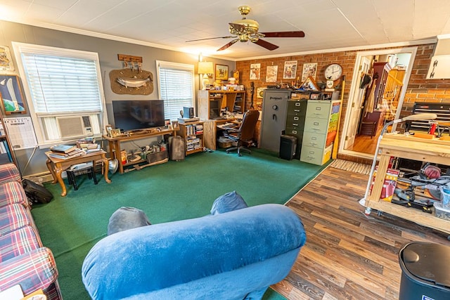 503 Court St, Abingdon, VA 24210 - living room featuring ornamental molding, ceiling fan, wood finished floors, brick wall, and cooling unit