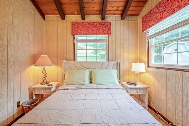 575 Apache Trl, Fancy Gap, VA 24328 - bedroom featuring a wooden ceiling with exposed beams and wood walls