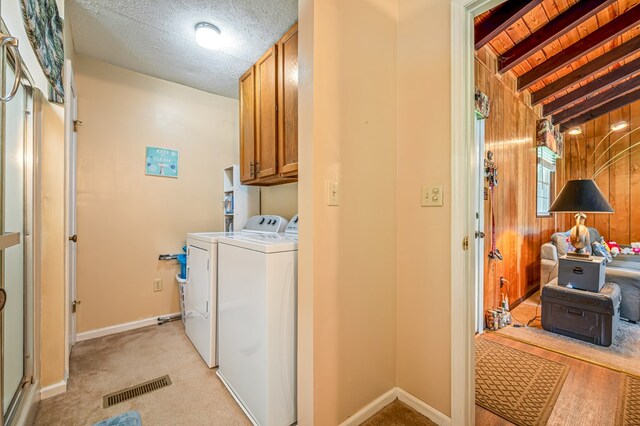 575 Apache Trl, Fancy Gap, VA 24328 - laundry room with cabinet space, washer and clothes dryer, light colored carpet, and wooden walls