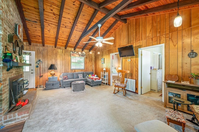 575 Apache Trl, Fancy Gap, VA 24328 - living area featuring wooden ceiling, wooden walls, ceiling fan, and carpet floors