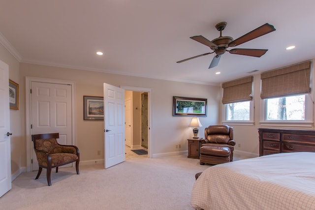 bedroom featuring visible vents, baseboards, light colored carpet, and crown molding
