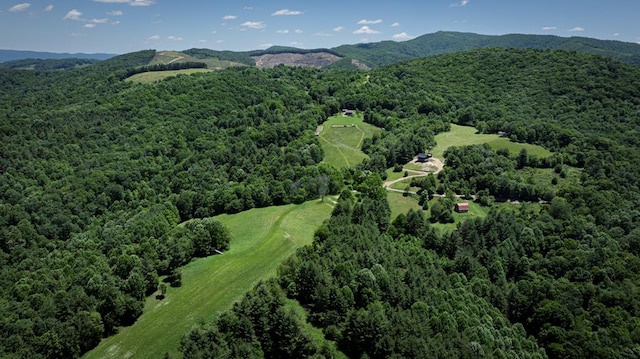 aerial view featuring a wooded view and a mountain view
