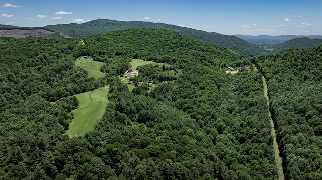 aerial view featuring a forest view and a mountain view