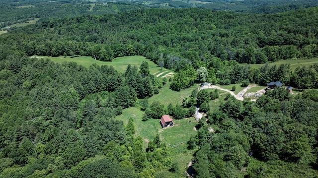 bird's eye view featuring a wooded view