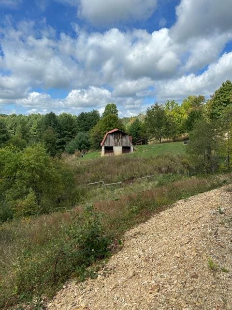view of yard featuring an outdoor structure, a forest view, and a barn