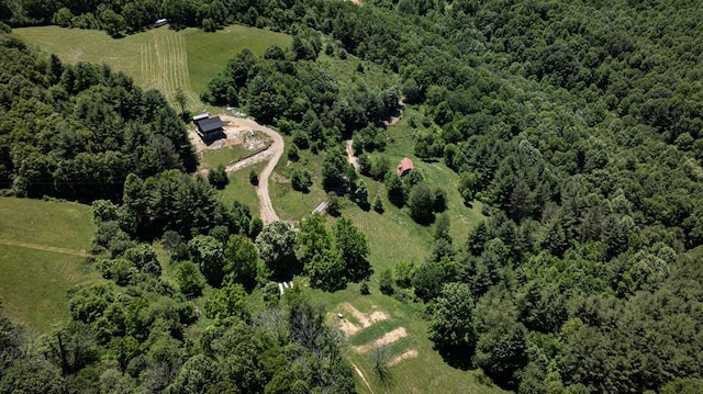 bird's eye view featuring a wooded view