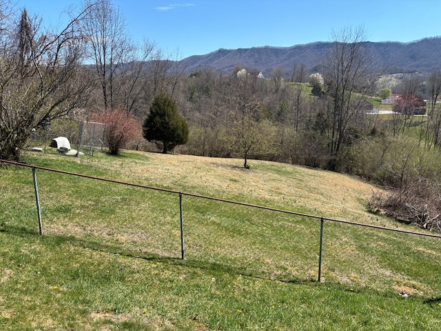 view of yard featuring a mountain view, fence, and a rural view