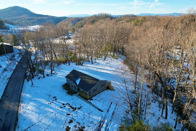 snowy aerial view with a mountain view