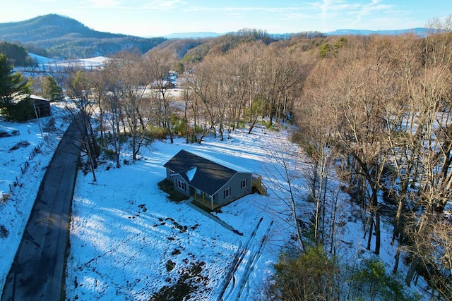 snowy aerial view with a mountain view