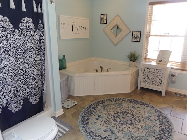 566 Breezy Ridge Rd, Woodlawn, VA 24381 - bathroom with tile patterned floors, a garden tub, and a shower with curtain