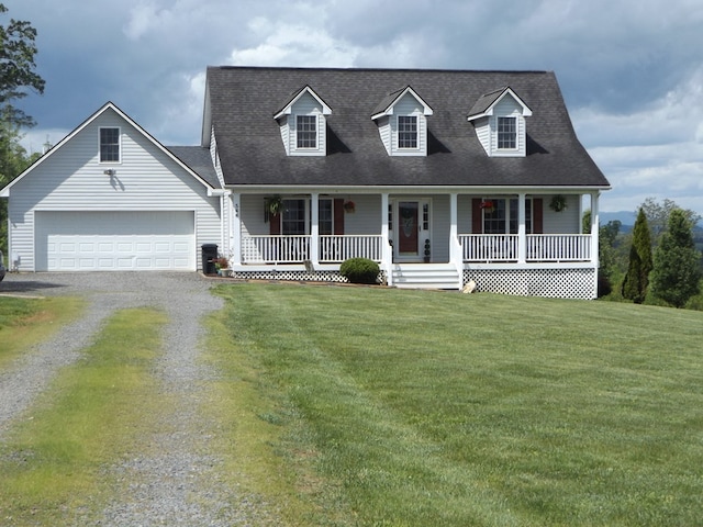 566 Breezy Ridge Rd, Woodlawn, VA 24381 - cape cod house with covered porch, an attached garage, a front lawn, and driveway