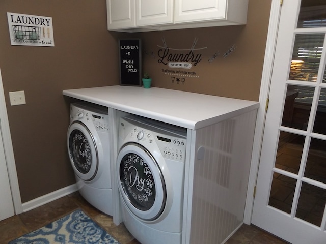 566 Breezy Ridge Rd, Woodlawn, VA 24381 - laundry room featuring independent washer and dryer, cabinet space, and dark tile patterned floors