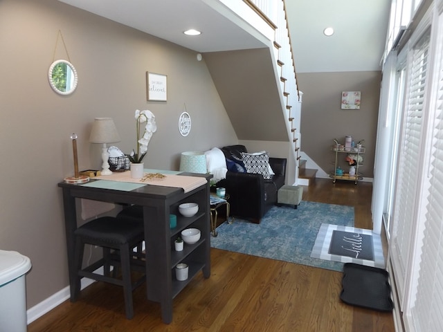 566 Breezy Ridge Rd, Woodlawn, VA 24381 - dining space featuring wood finished floors, stairs, vaulted ceiling, and recessed lighting