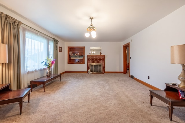 480 N 3rd St, Wytheville, VA 24382 - living area with light carpet, a chandelier, baseboards, and a brick fireplace