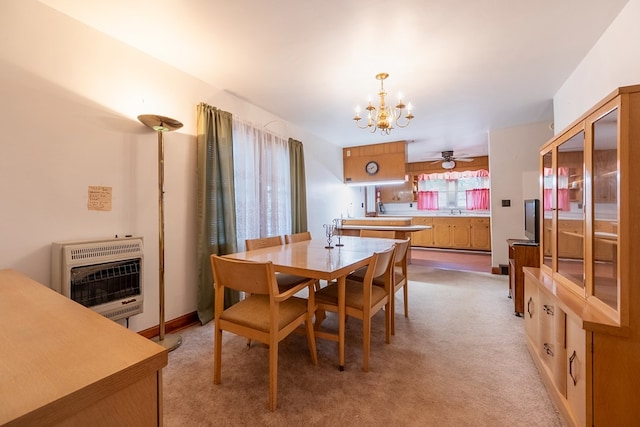 480 N 3rd St, Wytheville, VA 24382 - dining room with heating unit, a chandelier, light colored carpet, and a ceiling fan