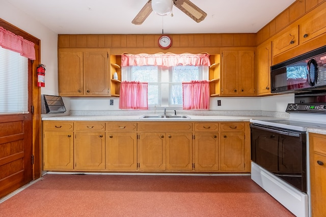 480 N 3rd St, Wytheville, VA 24382 - kitchen with white electric range, black microwave, open shelves, a sink, and light countertops