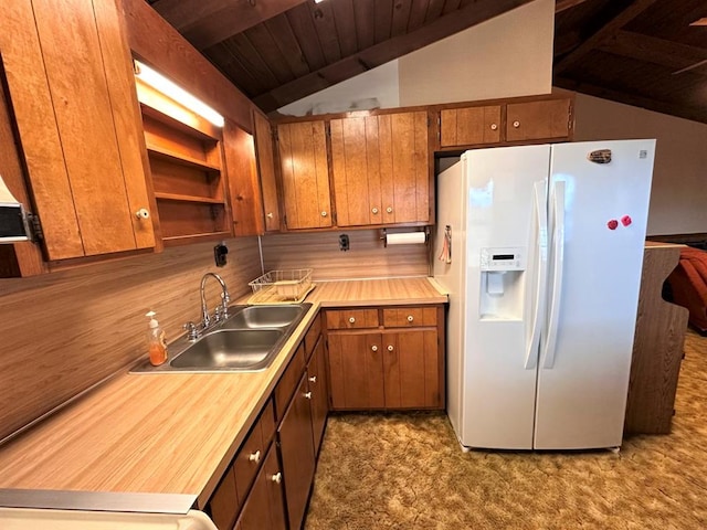 542 Volunteer Rd, Fancy Gap, VA 24328 - kitchen with white fridge with ice dispenser, wooden ceiling, light countertops, brown cabinetry, and carpet floors