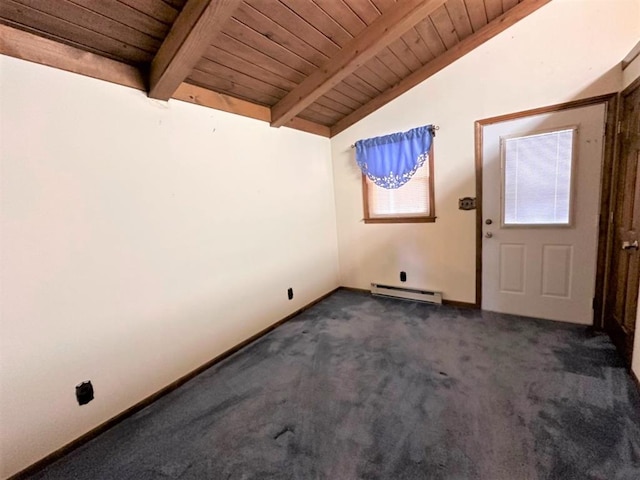 542 Volunteer Rd, Fancy Gap, VA 24328 - entrance foyer with a baseboard radiator, wood ceiling, and dark carpet