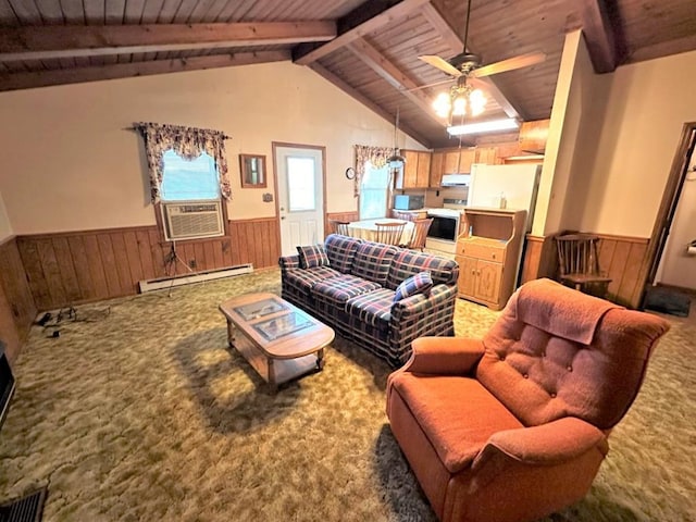 542 Volunteer Rd, Fancy Gap, VA 24328 - living room featuring a baseboard heating unit, wood ceiling, wainscoting, carpet, and cooling unit