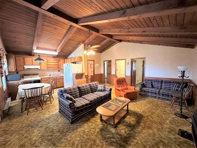 542 Volunteer Rd, Fancy Gap, VA 24328 - carpeted living area with wooden ceiling, a wainscoted wall, wood walls, and ceiling fan