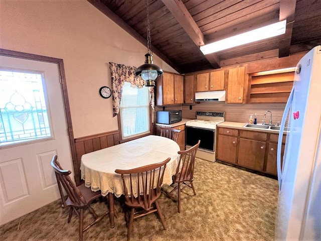542 Volunteer Rd, Fancy Gap, VA 24328 - kitchen featuring white appliances, under cabinet range hood, wood ceiling, light countertops, and wainscoting