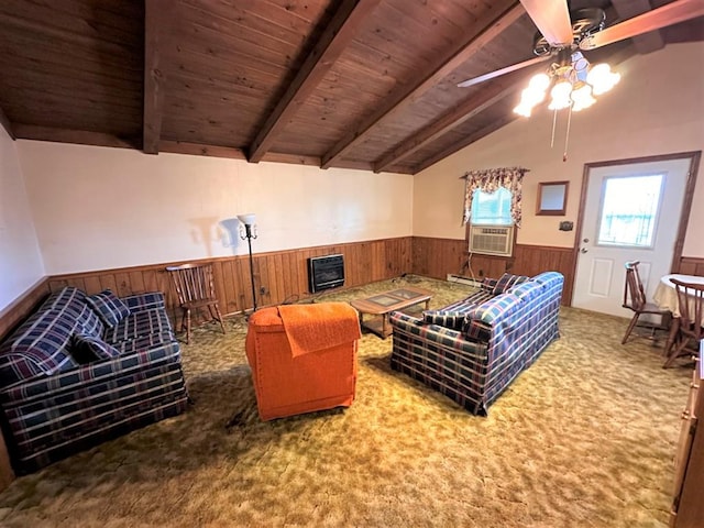 542 Volunteer Rd, Fancy Gap, VA 24328 - living room featuring a wainscoted wall, a ceiling fan, cooling unit, wood ceiling, and carpet flooring