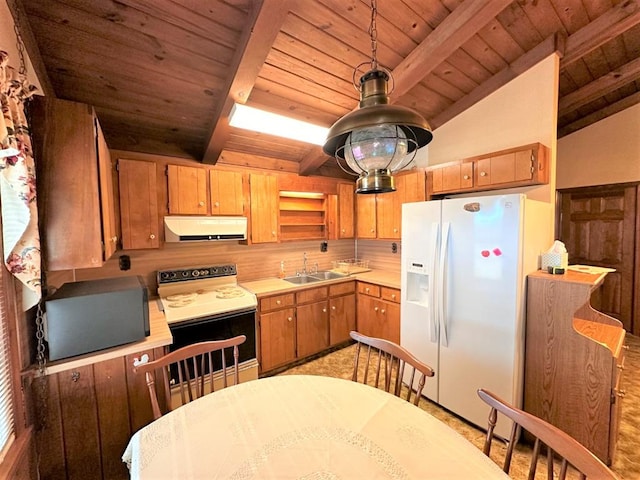 542 Volunteer Rd, Fancy Gap, VA 24328 - kitchen featuring electric range, under cabinet range hood, white refrigerator with ice dispenser, wooden ceiling, and light countertops