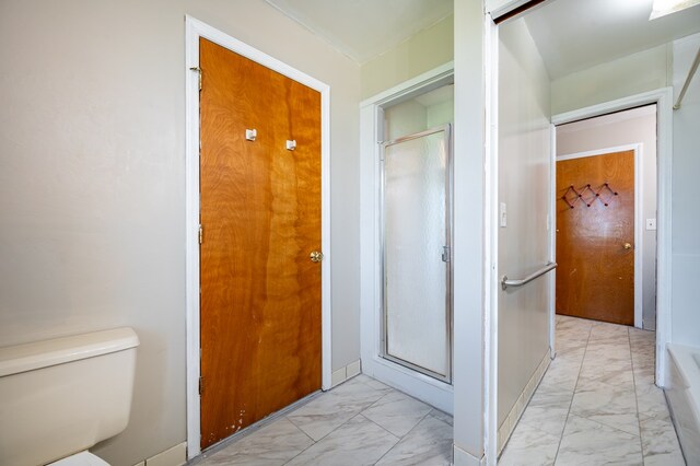 8214 Snake Creek Rd, Hillsville, VA 24343 - full bathroom featuring marble look tiles and a stall shower