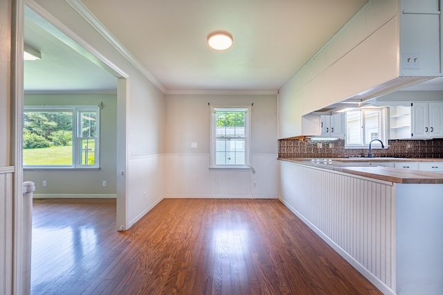 8214 Snake Creek Rd, Hillsville, VA 24343 - kitchen with open shelves, wood finished floors, wainscoting, wood counters, and white cabinetry
