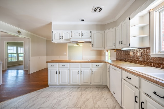 8214 Snake Creek Rd, Hillsville, VA 24343 - kitchen with dishwasher, crown molding, white cabinetry, cooktop, and open shelves