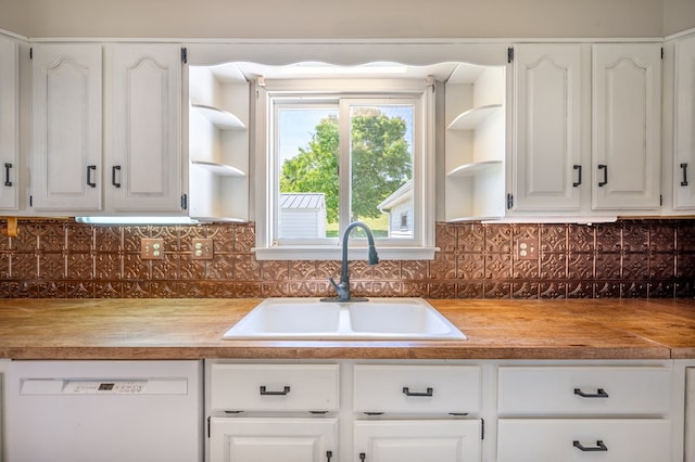8214 Snake Creek Rd, Hillsville, VA 24343 - kitchen with open shelves, white dishwasher, white cabinets, and backsplash