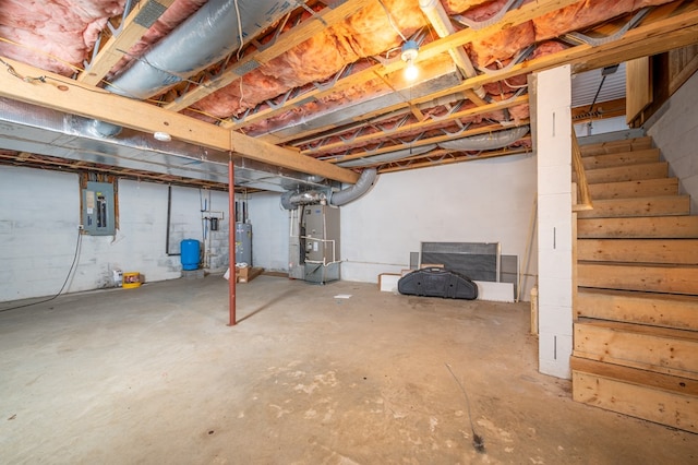 8214 Snake Creek Rd, Hillsville, VA 24343 - unfinished basement with heating unit, electric panel, a water pressure tank, electric water heater, and stairs
