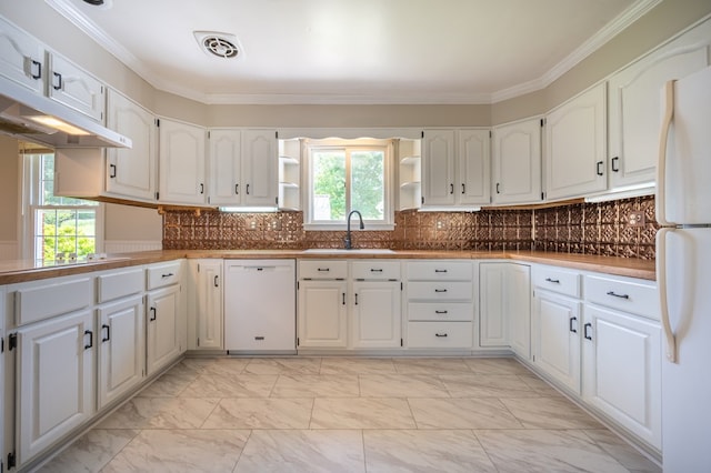 8214 Snake Creek Rd, Hillsville, VA 24343 - kitchen featuring white appliances, open shelves, light marble finish flooring, healthy amount of natural light, and crown molding