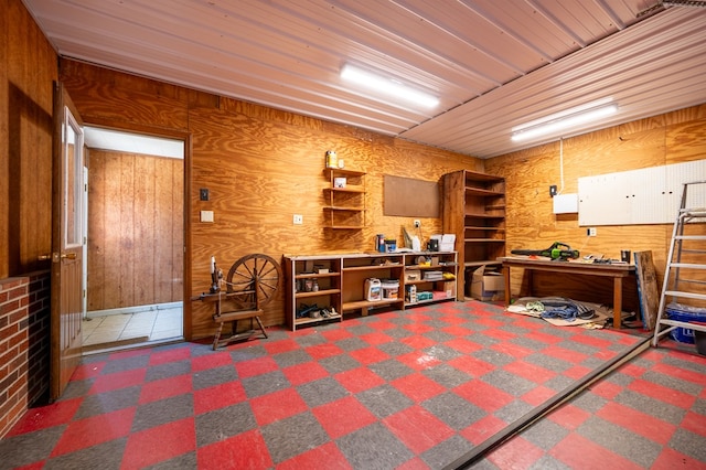 8214 Snake Creek Rd, Hillsville, VA 24343 - carpeted bedroom with a workshop area and wooden walls