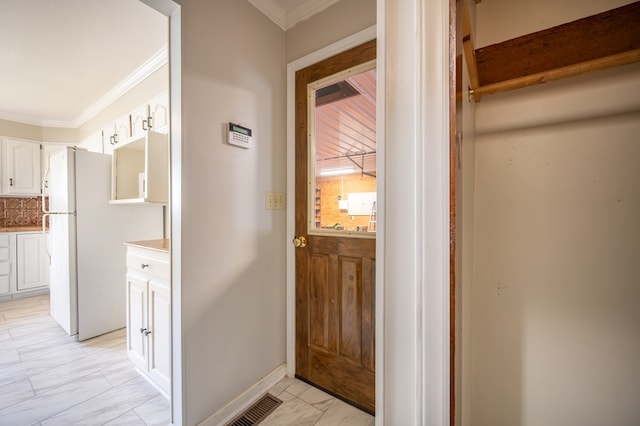8214 Snake Creek Rd, Hillsville, VA 24343 - hallway featuring light marble finish flooring and crown molding