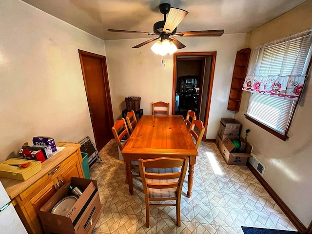 dining area featuring visible vents, baseboards, and a ceiling fan