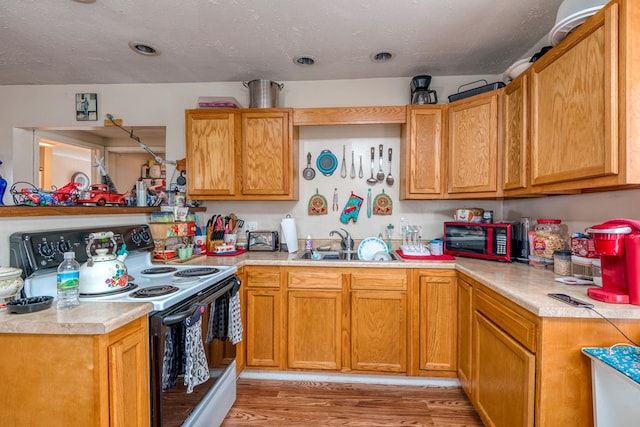 kitchen with sink, a textured ceiling, electric range, and light wood-type flooring