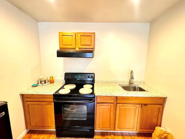 1595 Edgewater Dr, Grundy, VA 24614 - kitchen with black range with electric cooktop, under cabinet range hood, a sink, light wood-style floors, and brown cabinetry